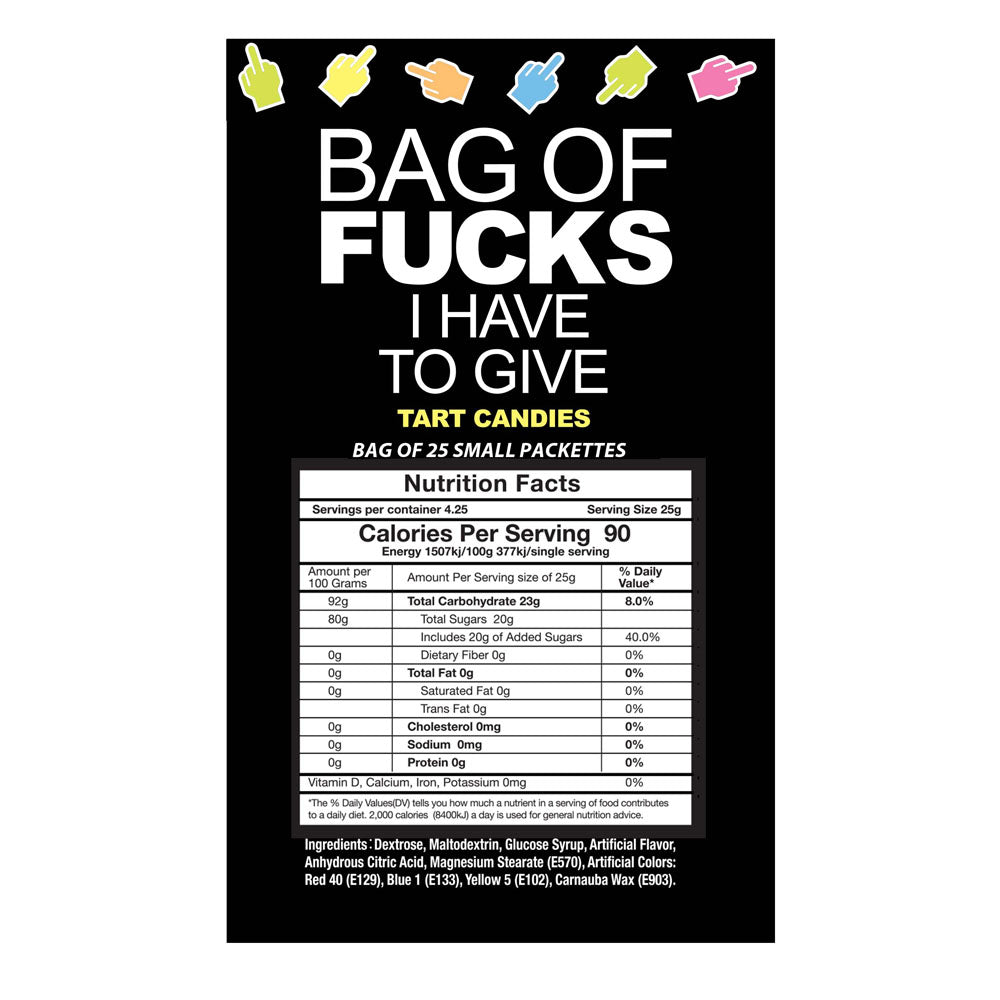 Bag Of Fucks I Have To Give - Bag of 25 - Fruit Flavoured Lollies - Bag of 25 Mini Packs