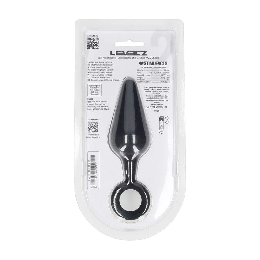 LEVELZ Silicone Anal Plug with Loop - Large - Black Large Butt Plug