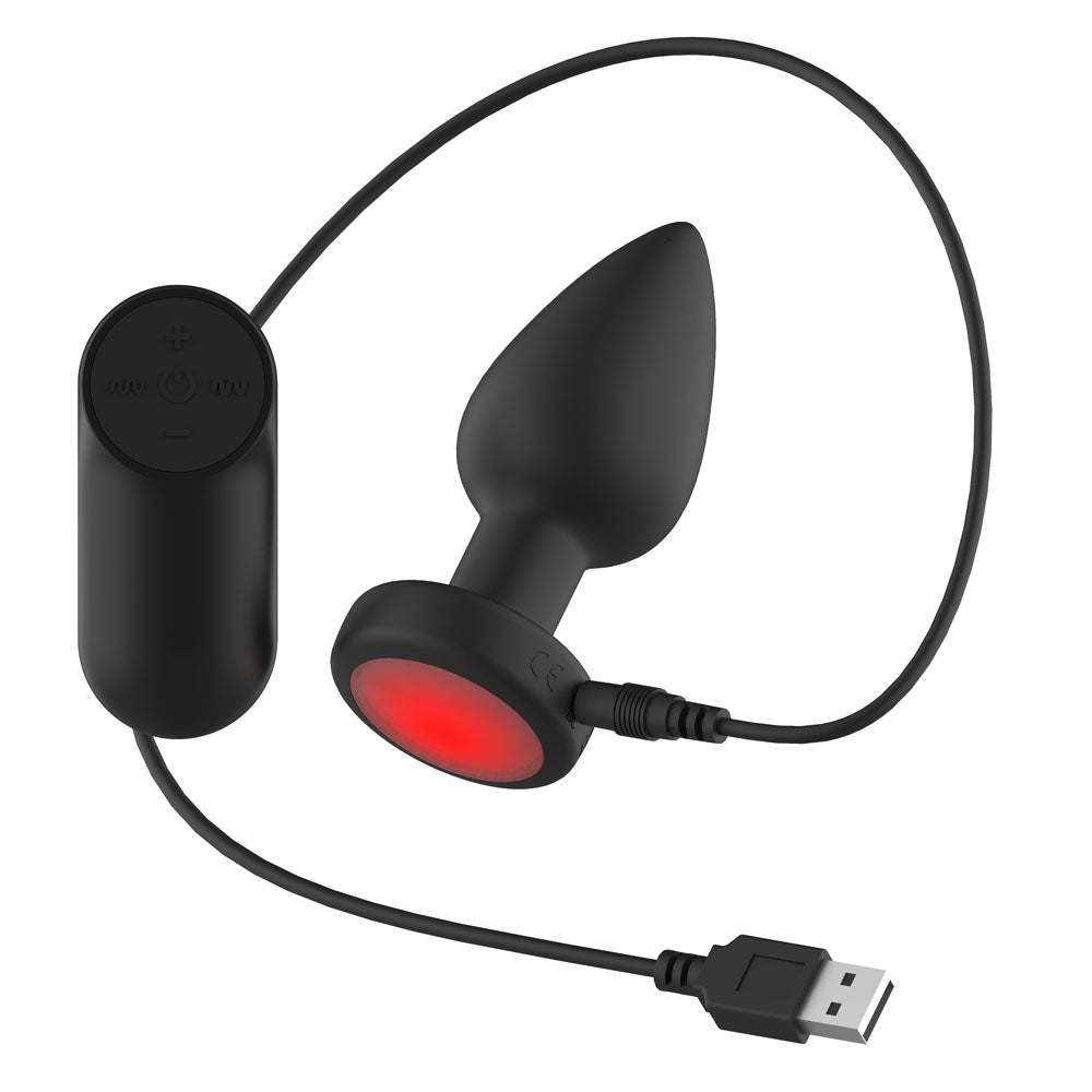 Passion Play Vibrating Butt Plug with LED Base - M - Black 10.4 cm USB Rechargeable Vibrating Butt Plug with LED Base and Wireless Remote